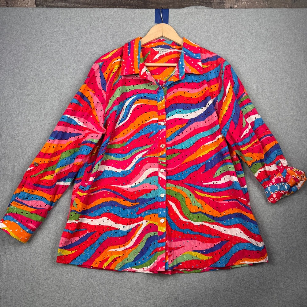 John Mark Button Up Shirt Womens XL Pink Blue Abstract Eyelet Roll Tab Dopamine
